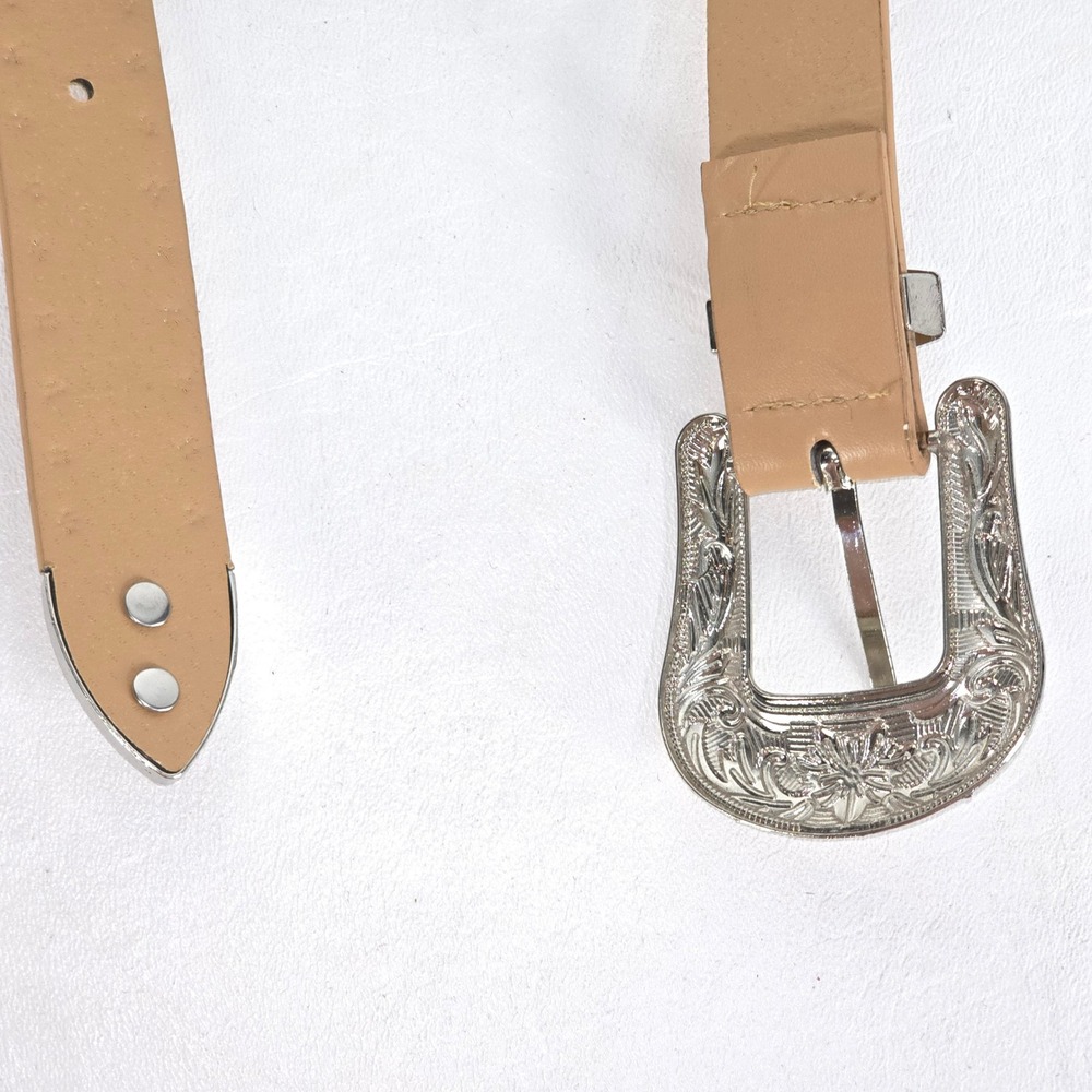 Western Belt Silver Floral Buckle Women's 36" Tan Studded Leather Cowgirl Style - Picture 3 of 8